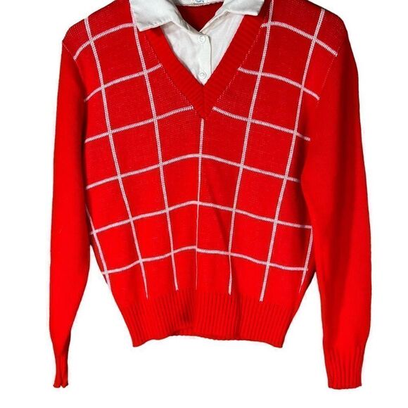 Vintage Women’s collared Red White Sweater Size Large - Picture 3 of 7